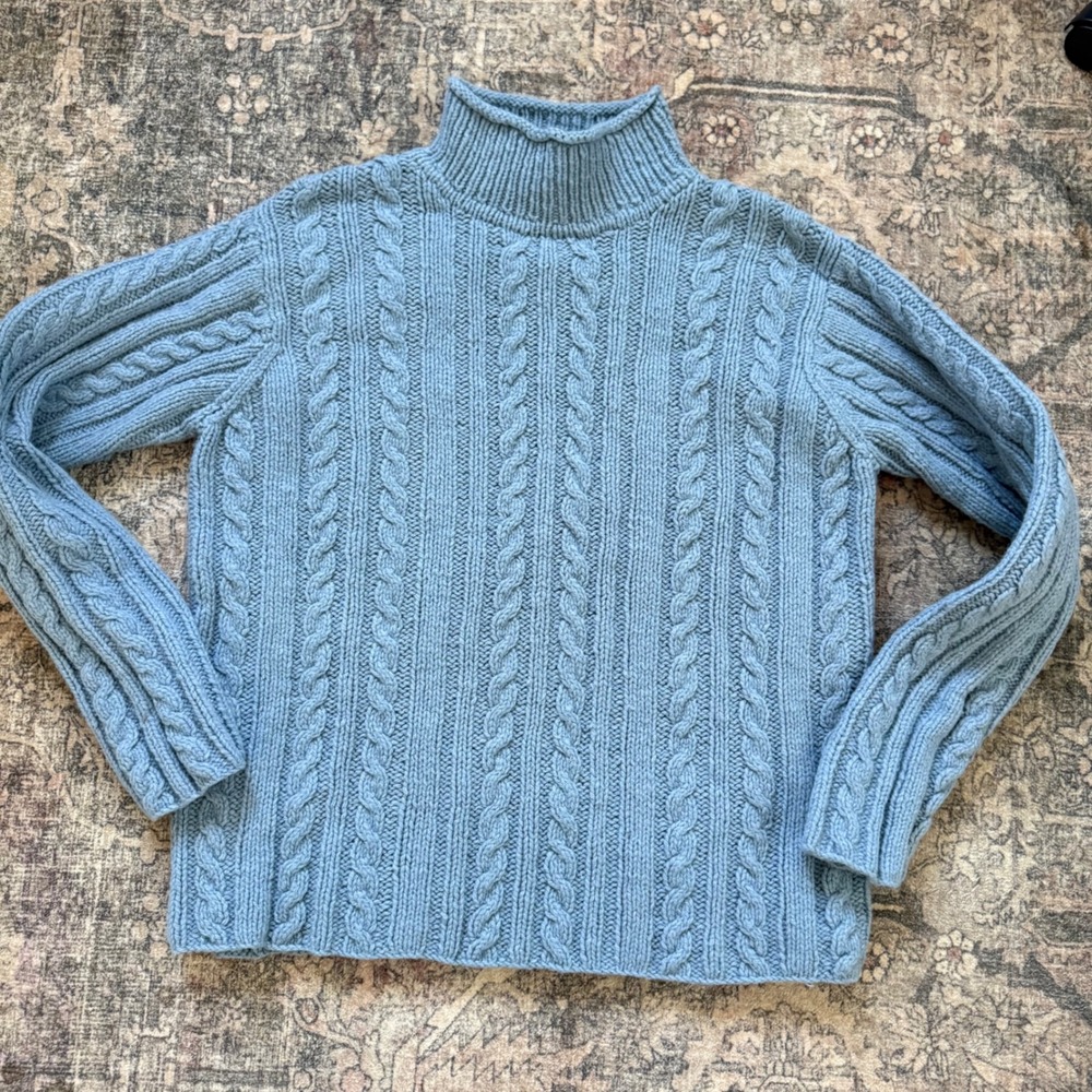J. Crew Hand Knit Cable Knit Mock Neck Wool Blend Sweater Blue Small